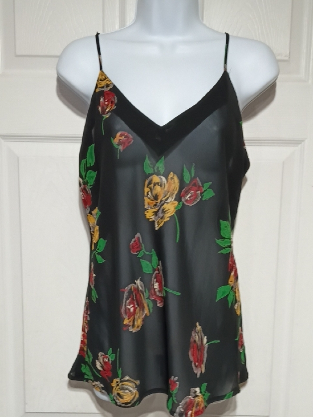 Victoria's Secret Black Satin Floral Cami with Red & Yellow Roses